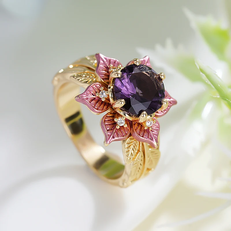 Huitan Zweifarbiger Ring mit Blumendesign für Damen, modisch, für Party, Hochzeit, luxuriöse Accessoires, eingelegter lila CZ, eleganter Partyschmuck