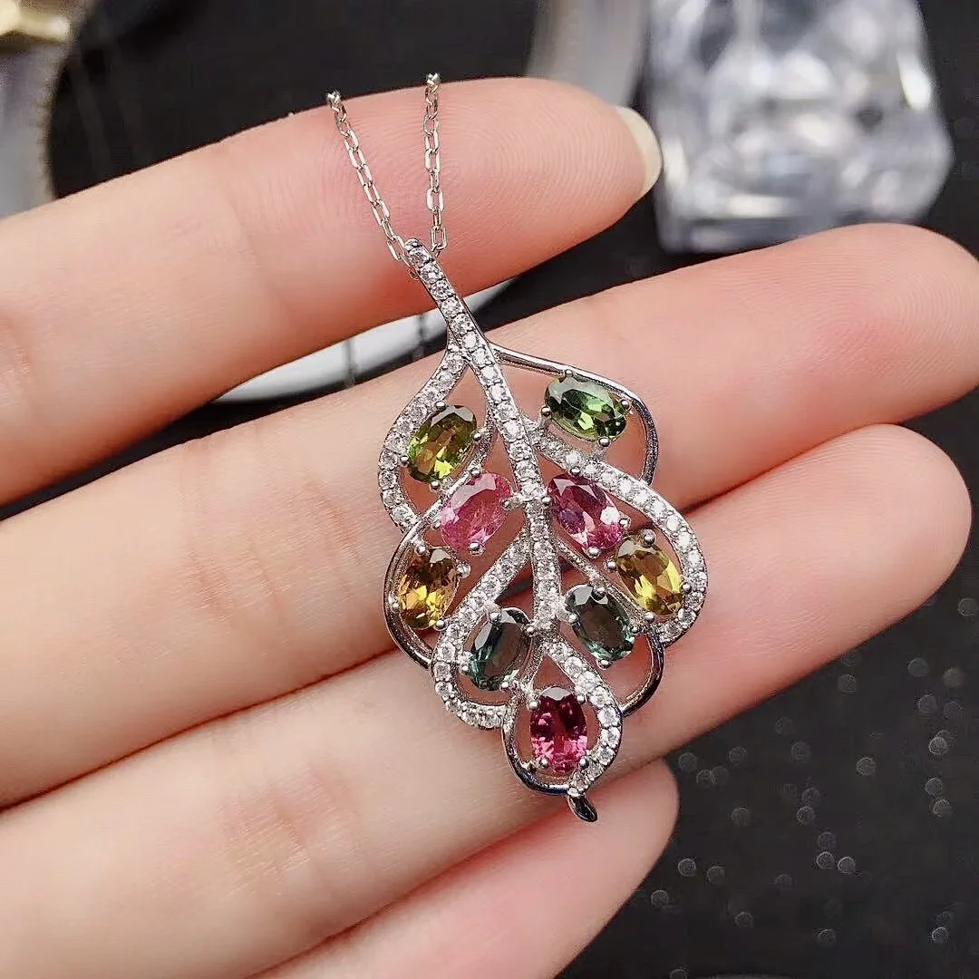 

Fashion Silver Leaf Necklace Pendant for Party 100% Natural Tourmaline Silver Pendant 925 Silver Tourmaline Pendant