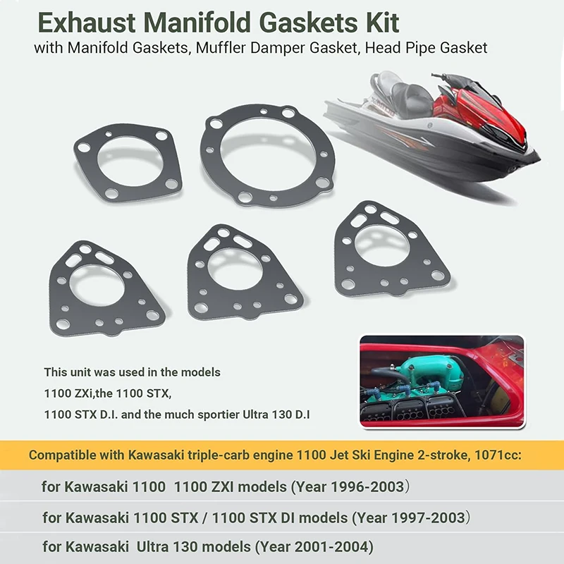Exhaust Gasket Repair Kit for Kawasaki Jet Ski 1100 ZXi, STX 1100, STX DI & Ultra 130 (1996-2004),  Muffler Gaskets Replacement