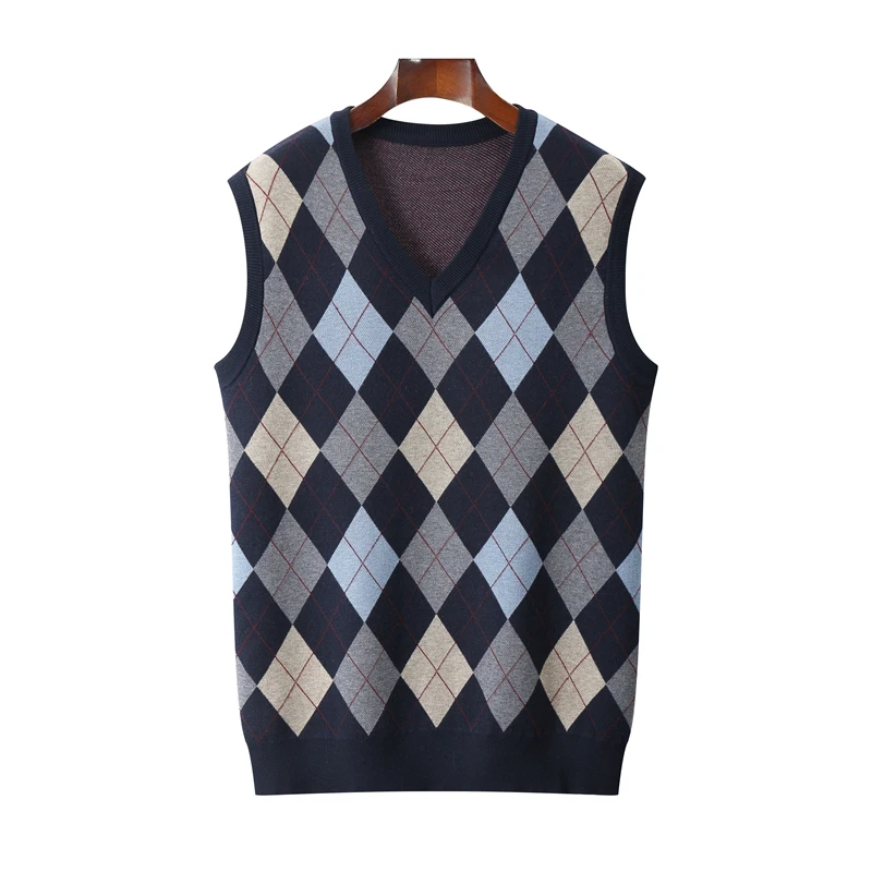 SHAN BAO spring brand 4XL 5XL 6XL 7XL 8XL V-neck knitted vest Classic high-quality rhombus men\'s plaid pullover wool sweater