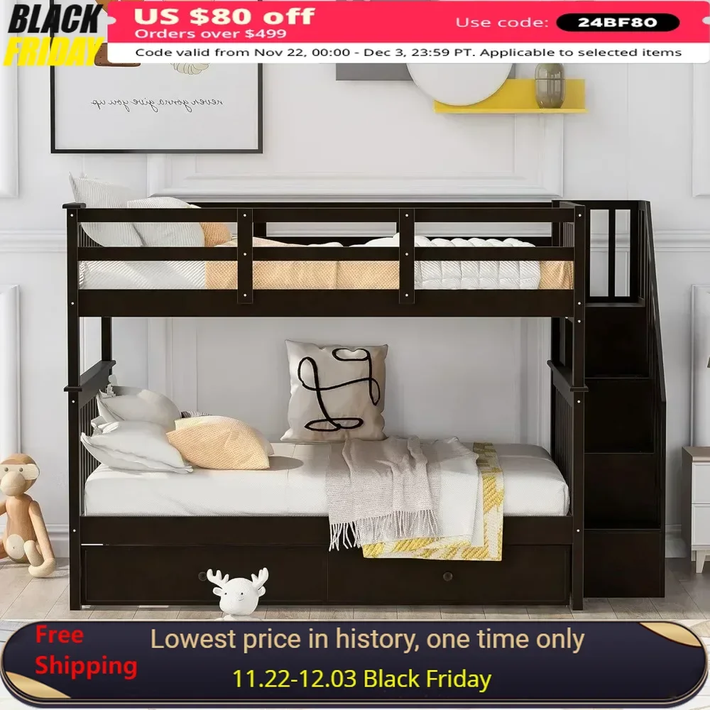 Bunk Bed ,with Stairs and Trundle,with Storage, for Kids Teens Adults ,Wooden Bunk Bed Frame