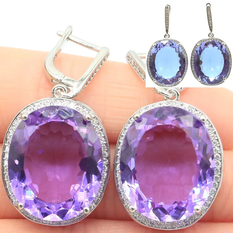 40x21mm Big Oval Jewelry Set 17.5g Color Changing Zultlanile Alexandrite Topaz Silver Earrings Pendant Eye Catching