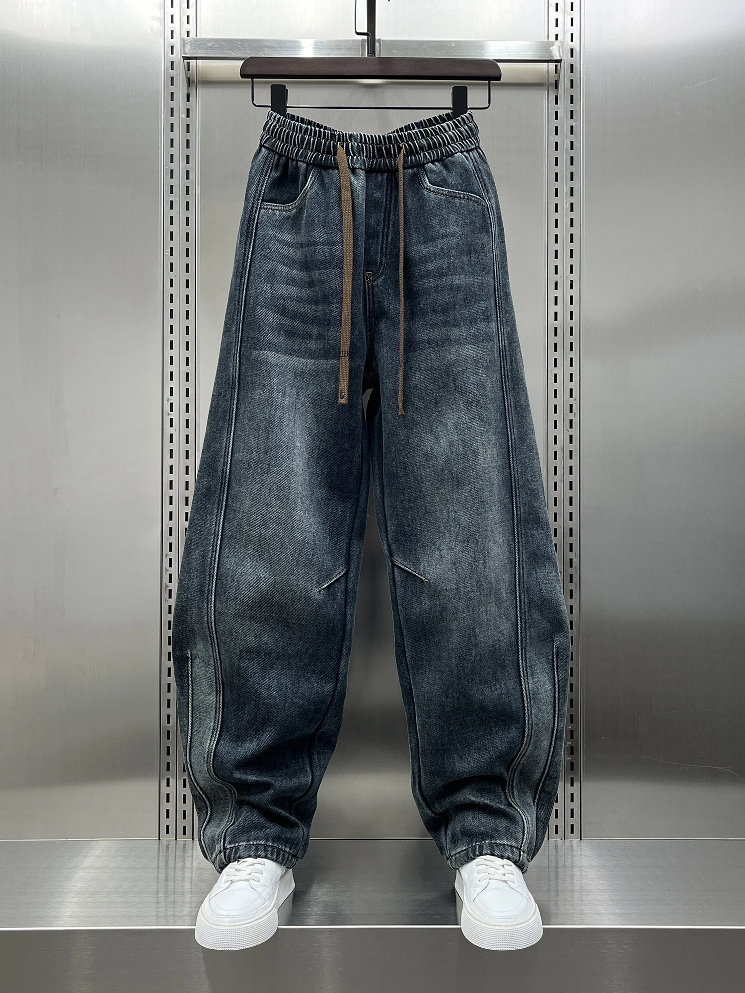 

Мужские джинсы в стиле ретро с флисовой подкладкой, свободные, с эластичным поясом, прямые, длинные, теплые, повседневные, модные