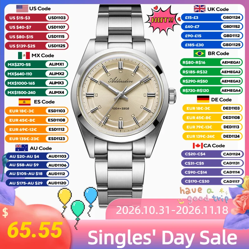 ADDIESDIVE Super Luminous Japan VH31 Ladies Watches 10Bar Waterproof Bubble Mirror Glass Quartz Watch Stainless Steel Wristwatch