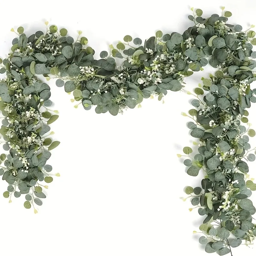 1Pc Kunstmatige Eucalyptus Bladeren Groen Garland Faux Plant Lente Wijnstokken met Witte Bloemen Bessen voor Bruiloft Thuis Party Decor - afbeelding 2