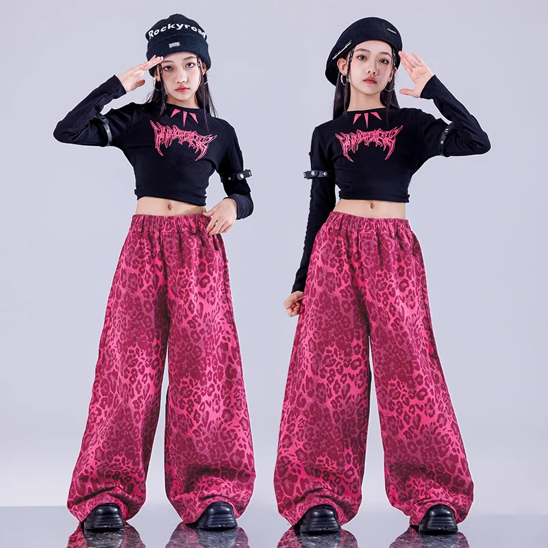 Girls Hip Hop Crop Jacket Cargo Pants Kids Street Dance Cargo Leopard Pant Clothes Set Children Wasteland Punk K-pop Costumes