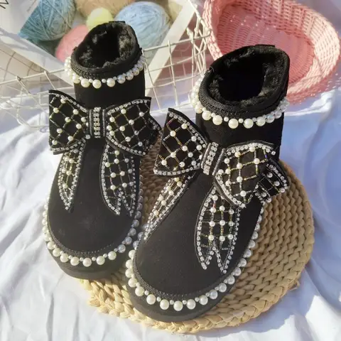 Botas de nieve cortas de felpa para mujer, zapatos casuales cálidos, botines con lazo, zapatos planos de plataforma, moda de lujo, invierno, nuevo