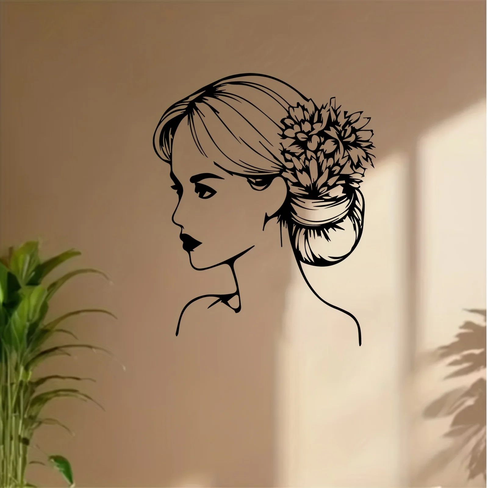 Floral Bun Woman Iron Wall Art Elegant Lady Silhouette Metal Mural Romantic Bedroom Decor Gift Ornament