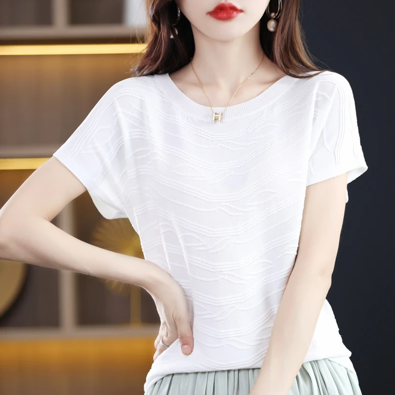 Round Neck Ice Silk Short Sleeved Women's Korean Summer Thin Solid Color Loose Top T-Shirt