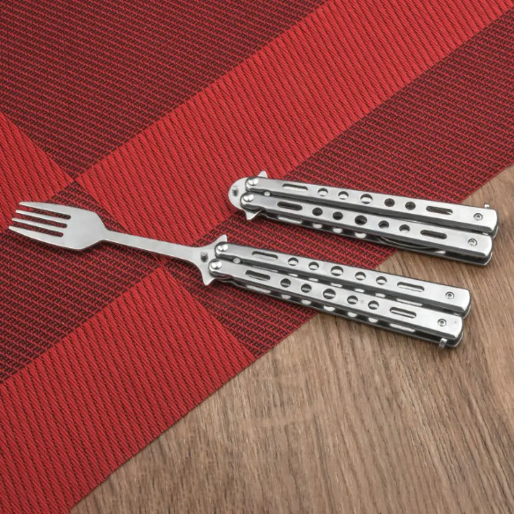 Stainless Steel Butterfly Cutter Style Folding Spoon Space-saving Non-slip Handle Camping Spoon Rust-proof Portable Spoon Forks