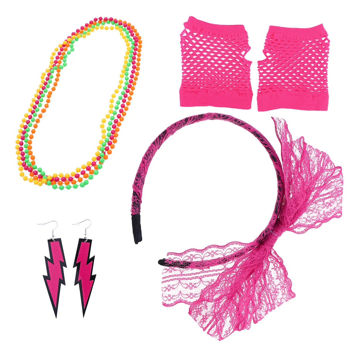 Set di Accessori per Costume Anni '80 Serie Rosy, Orecchini Neon, Fascia per Capelli in Pizzo, Guanti a Rete, Collana per Feste Anni '70, Halloween, Discoteca