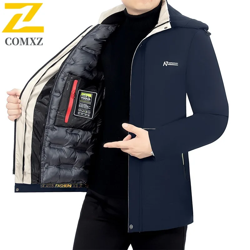 

COMXZ2025 Men Winter Puffer Jacket Detachable Business Waterproof Hood Fleece Lined Casual Outdoor Sport Windproof Workwear Coat