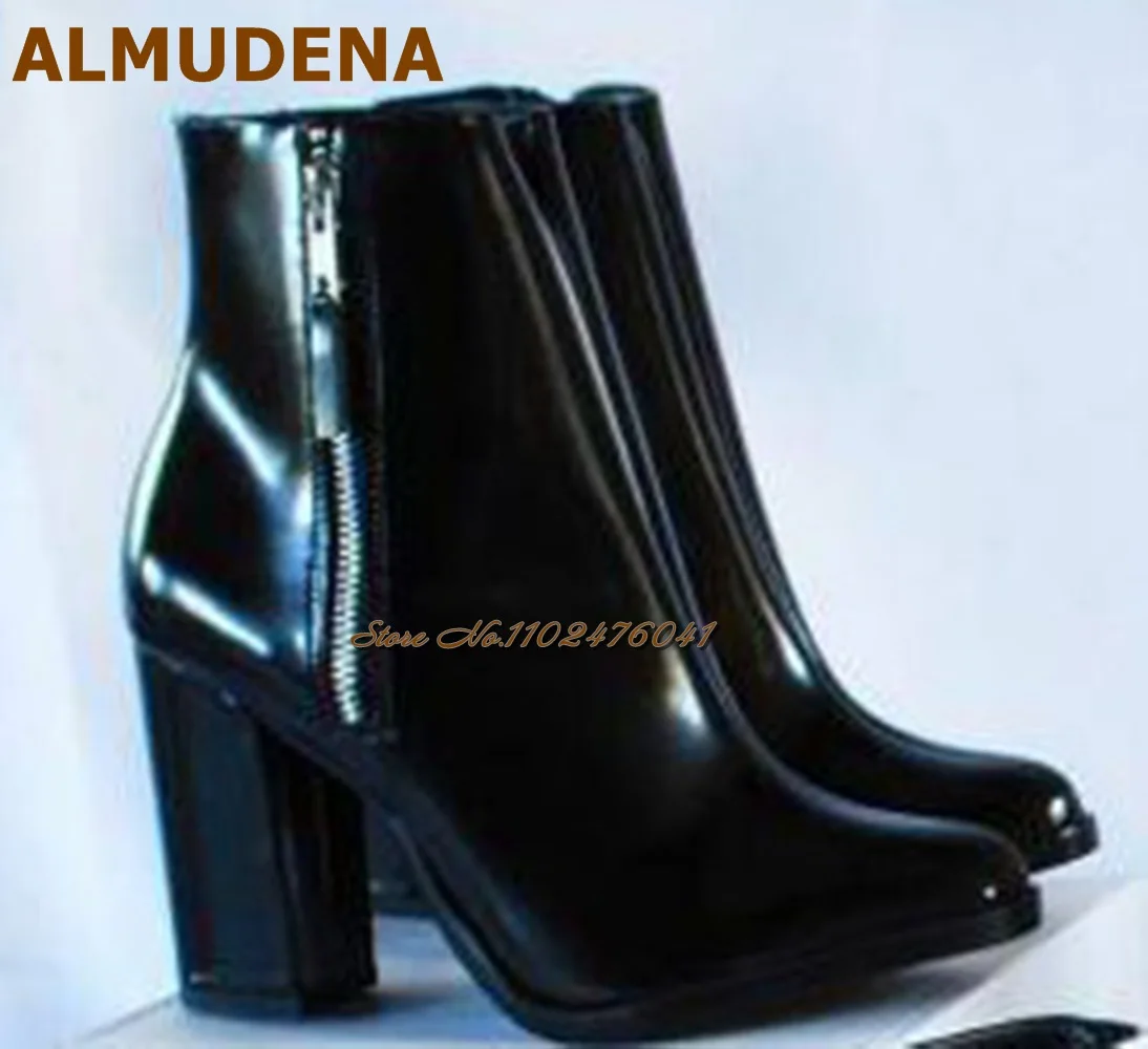 ALMUDENA Burgundy Patent Leather Chunky Heel Ankle Boots Women Zipped Block Heel Short Booties Size46 Dress Pumps Dropship