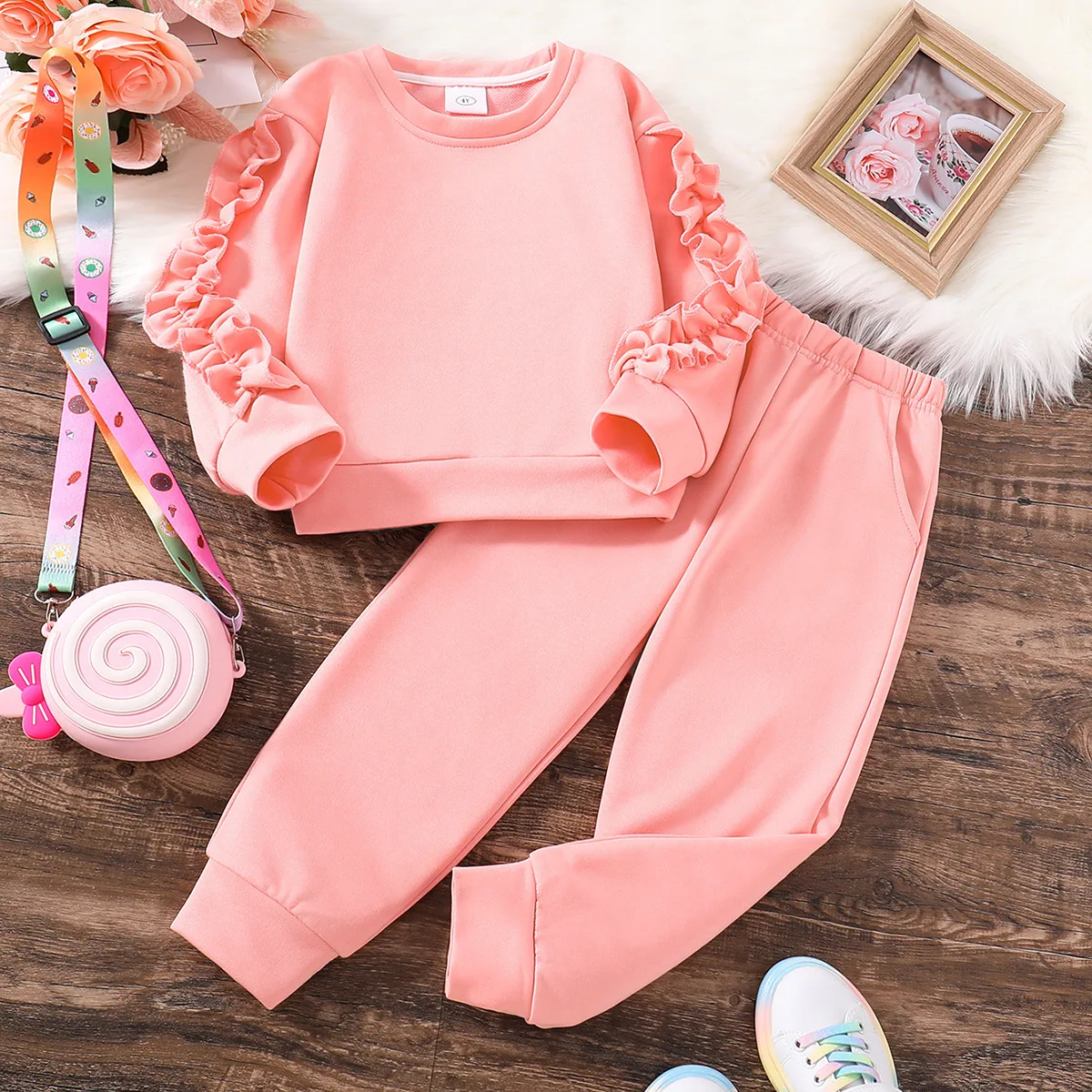 

3-7 Years Autumn Girls Clothing Set Petal Sleeve Style Full Sleeve Shirt + Pants 2Pcs Outfit For Kids Children Birthday Present