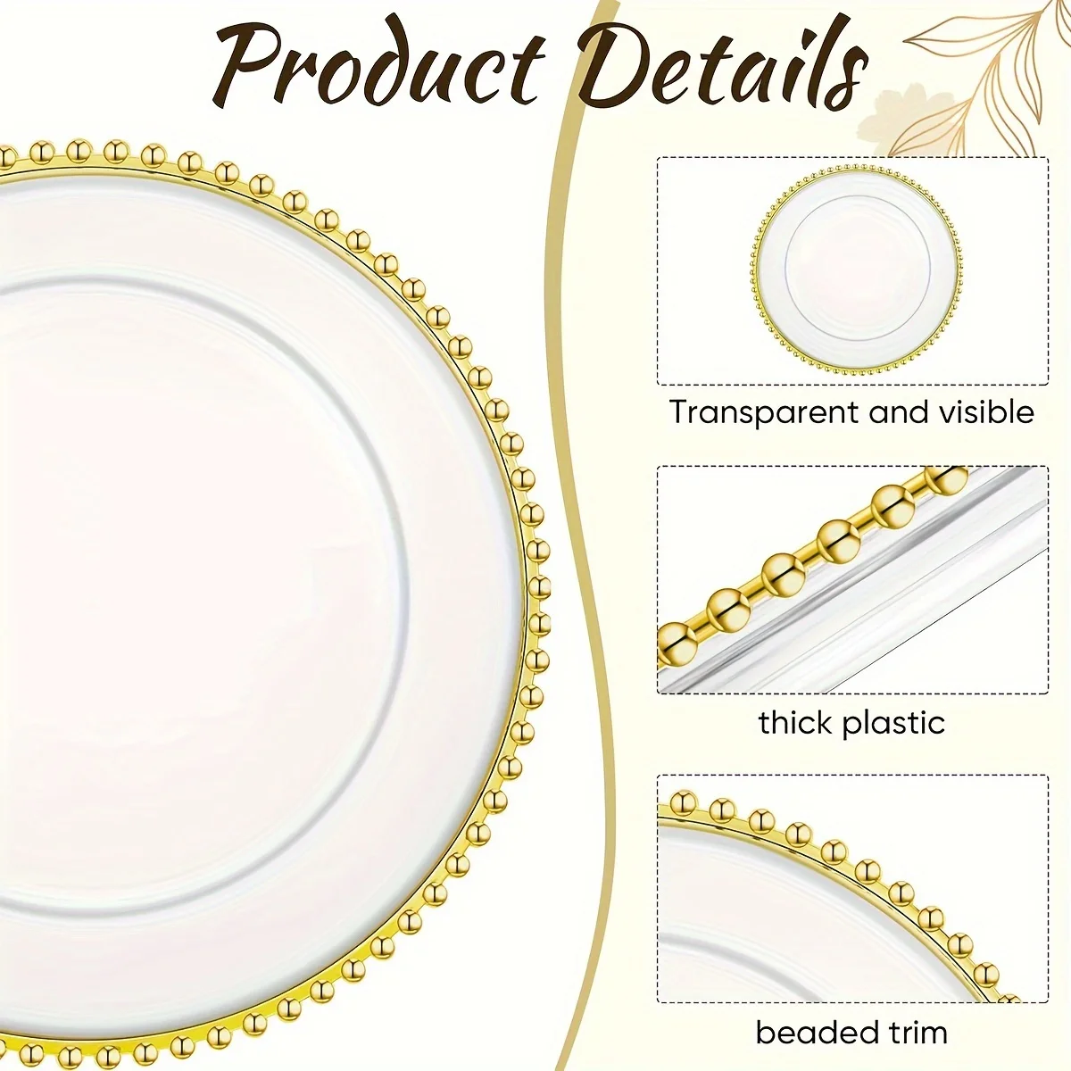 8pcs/16pcs Clear Plastic Charger Plates with Gold Beads Rim Acrylic Decorative Service Plate Party decoration Dinner party