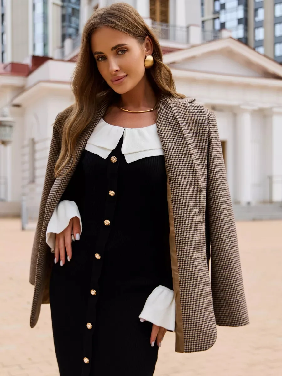 Fashion Knit Patchwork Long Dress Women's Ruffled Slim Elegant Contrast Ribbed Party Dress Knitwear Autumn Maxi Dress New