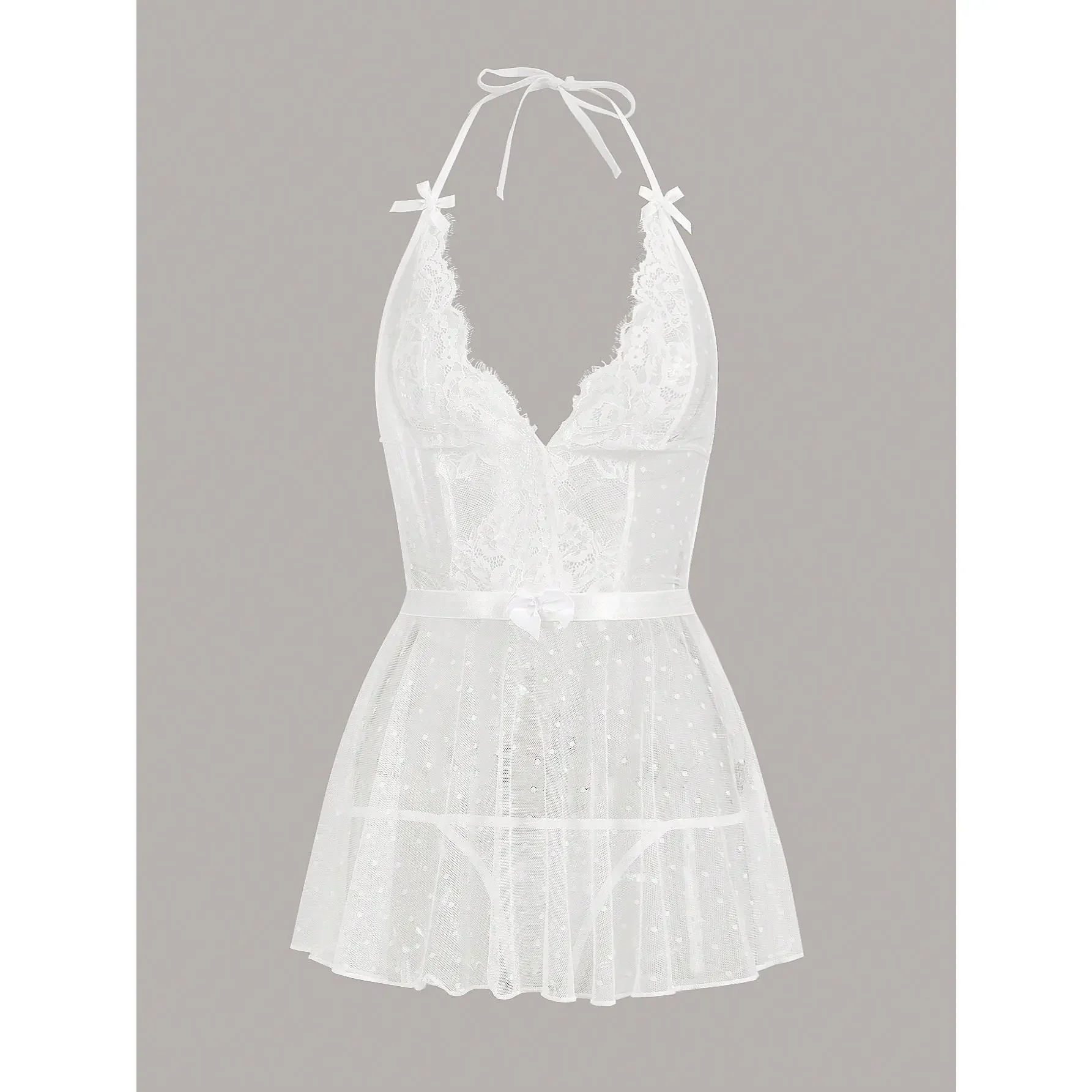 Women's 2-Piece Exotic Mesh Teddy Lingerie Set - Contrast Lace, Tie-Back Bow, Sheer Halter Chemise, Breathable Fabric Panty, Open Back, Stretch Fit, XL, Dry Clean Only view 6
