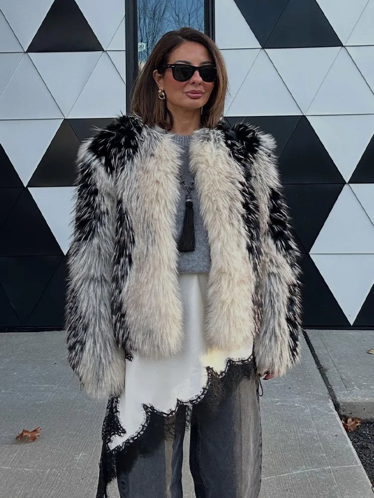 HH レディース 冬新作 フェイクファー風 クルーネック 長袖 暖かいジャケット 隠しバックル カラーブロック装飾 カジュアルコート