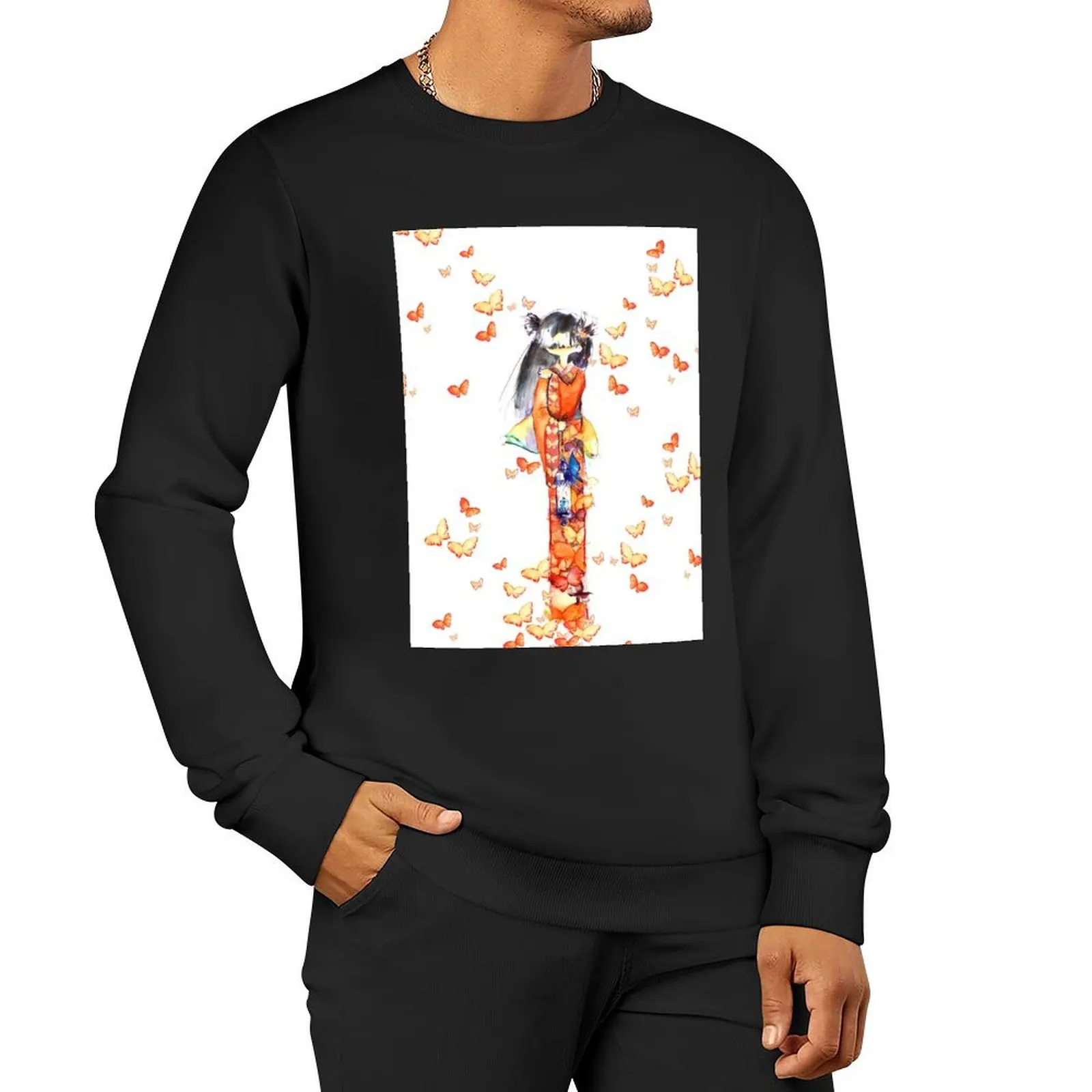 

Japanese with orange butterflies Pullover Hoodie autumn clothes sports sweatshirt man