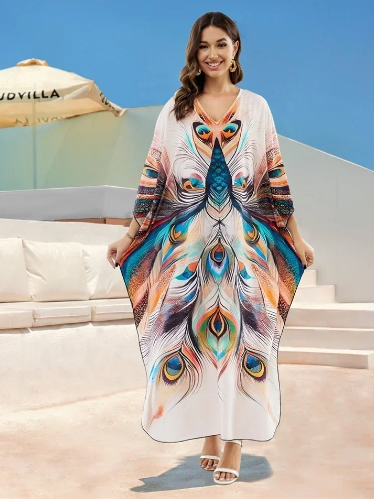 Edolynsa Bohemian Vrouwen Strandjurk Gewaad Kaftan Strandkleding Moo Moo Jurk Ontspannen Badpak Cover Up Vakantie Outfit Q1638