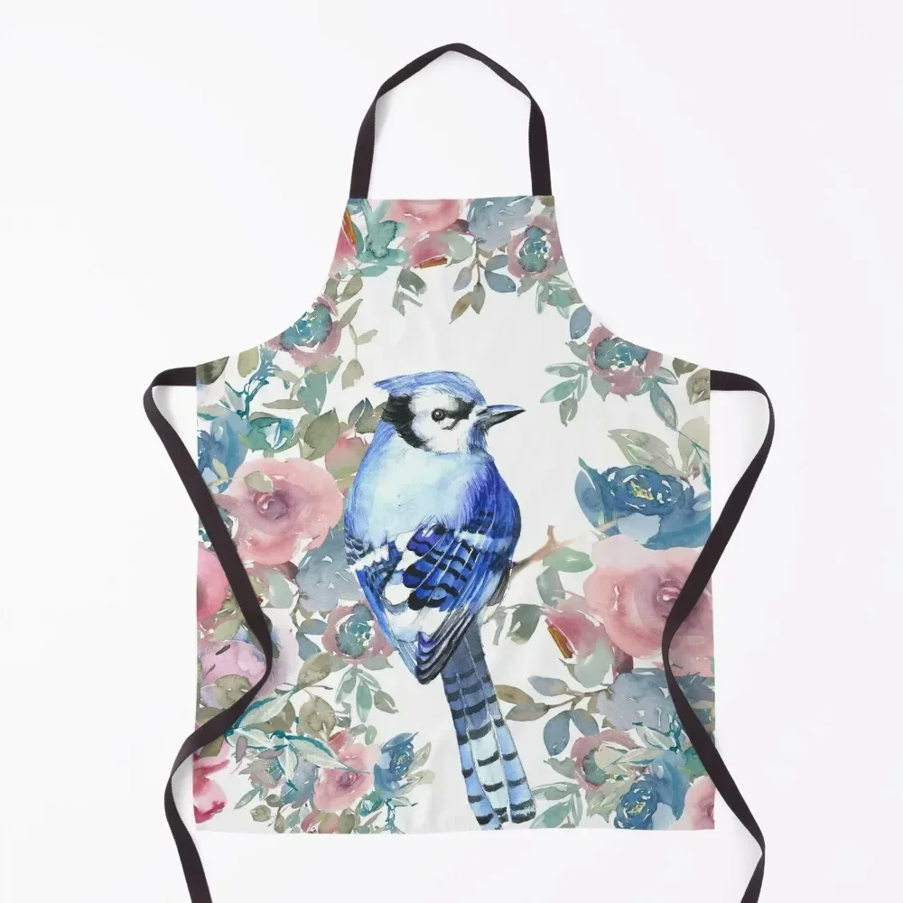 Blue small bird in roses watercolor design Apron Useful Things For Kitchen Hairdressing kitchen and home Customizable Apron