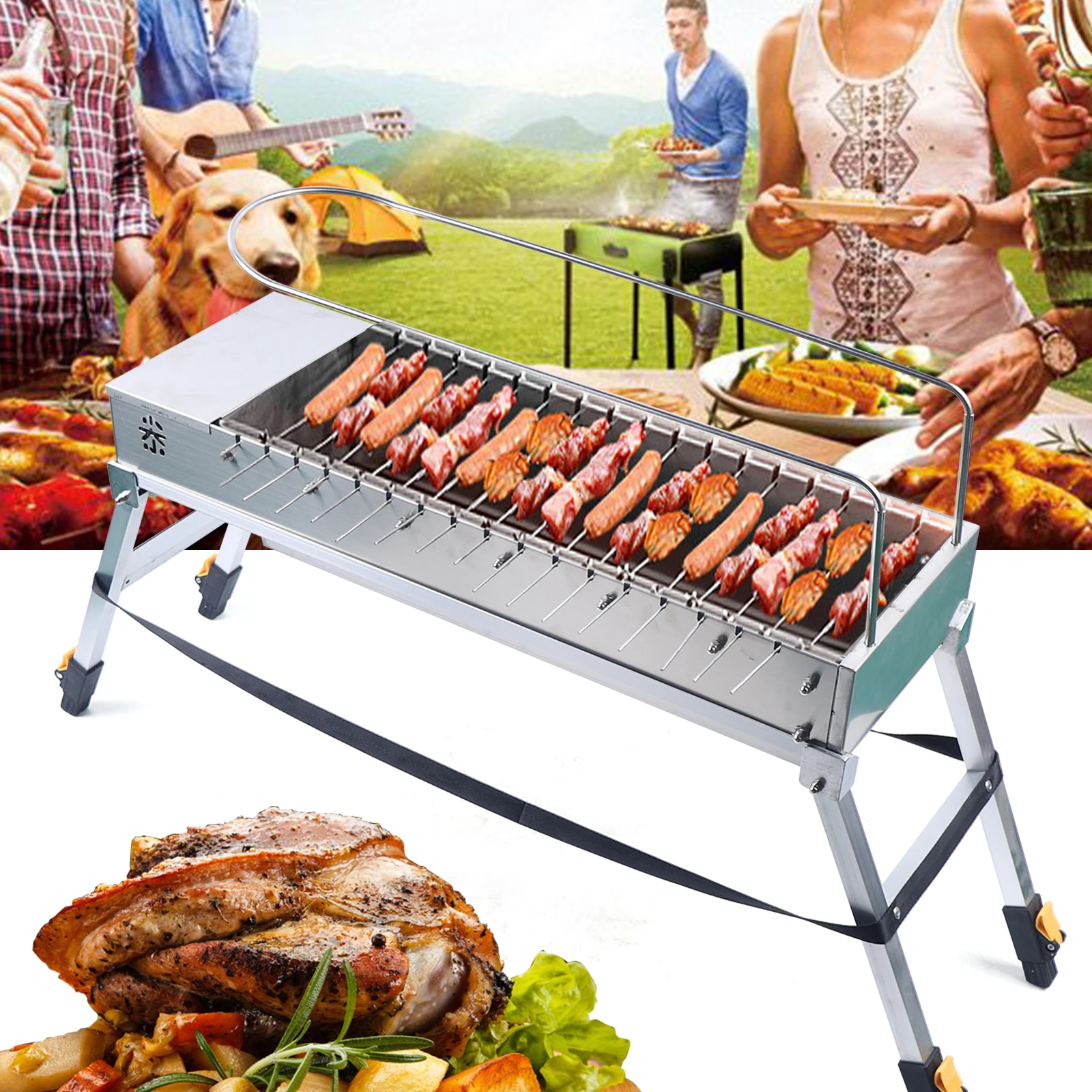 Automatic Grill Stainless Steel Automatic Turning W/Dual-side Independent Rotating System Anti-slip Feet for Picnic Camping