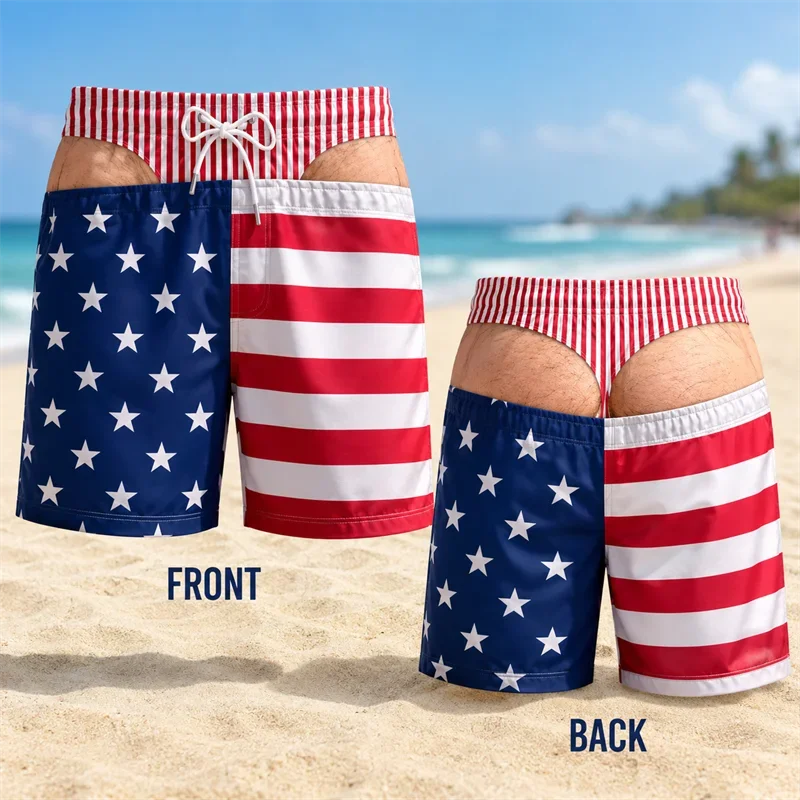 Men Novelty Gag Swim Trunks Fake Back Thong Illusion Print Neon Street Graffiti Splash Color Pattern Summer Party Beach Shorts