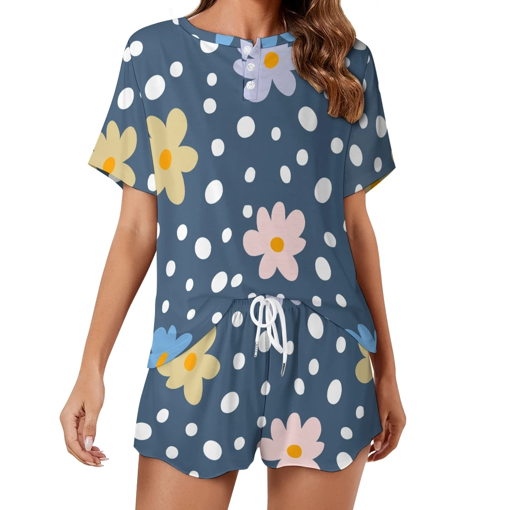 Ropa de dormir con estampado Floral abstracto para mujer, conjunto de 2 piezas con botones, manga corta y botones delanteros, traje de casa de verano