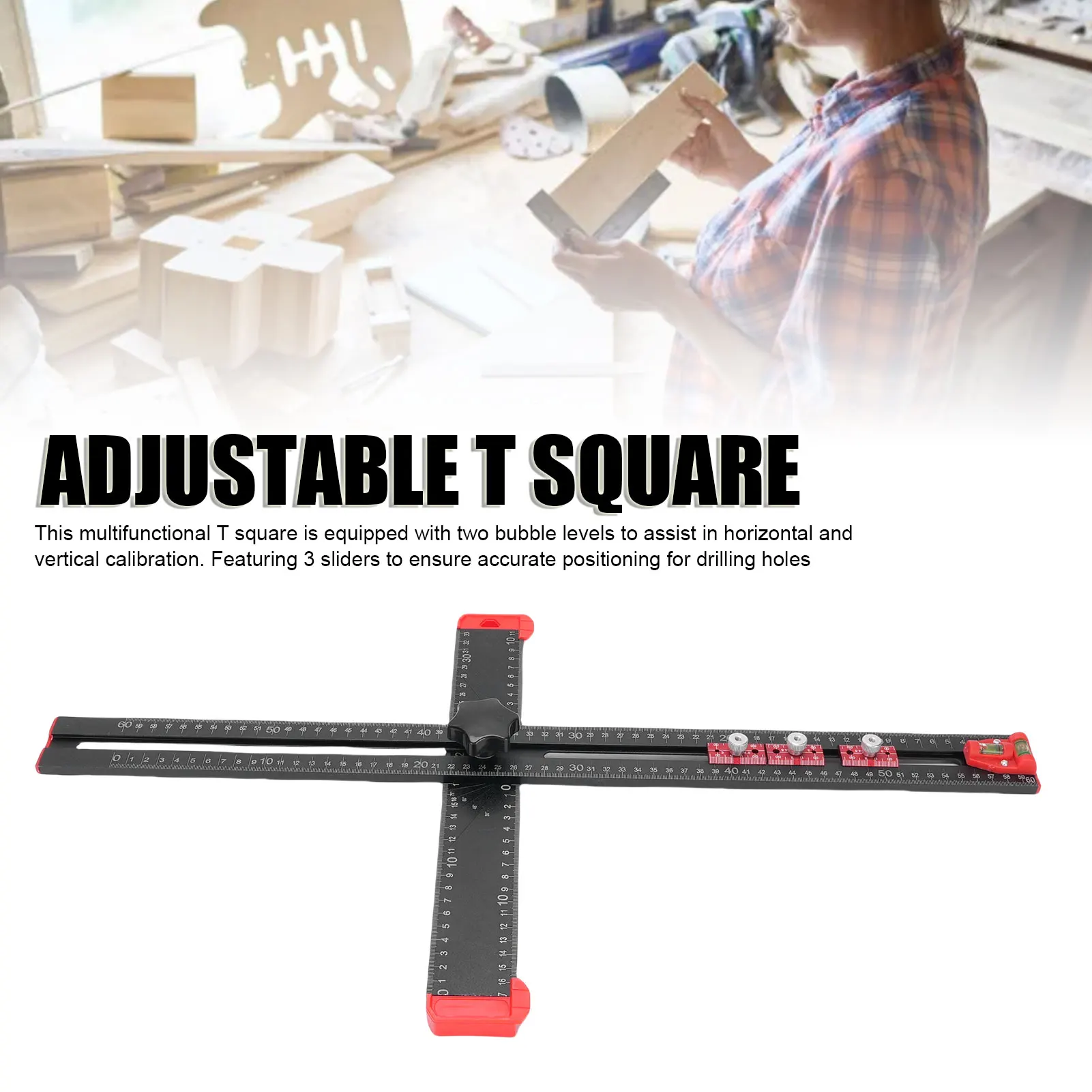 Adjustable 60cm T Square Drilling Ruler 4 in 1 Multi Angle Woodworking Measuring Gauge with 3 Sliders for Installation