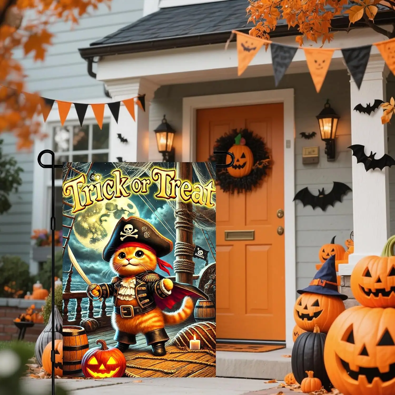 IVN Halloween Meoween Garden Flag 12x18 Inch Double Sided Cat Pumpkin Witch Outdoor Yard Flag for Outside Home Front Door La jjp