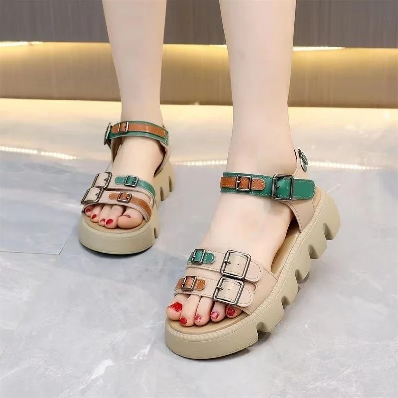 Summer Shoes for Women 2023 New Retor Open Toe Women\'s Platform Sandals Punk Metal Buckle Ankle Strap Ladies Casual Sandalias