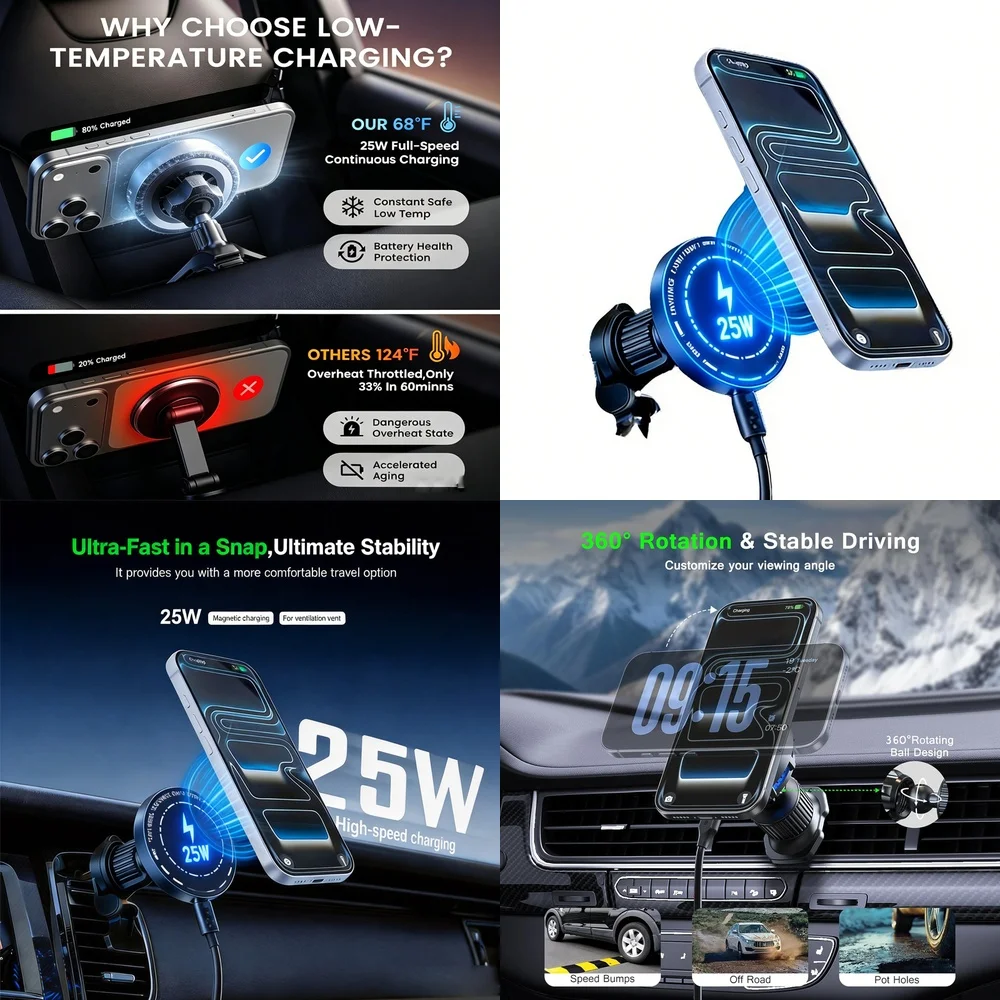 New 25W Magnetic Wireless Car Charger For iPhone 17 16 15 Pro Max Fast Charging Air Vent Outlet Phone Holder Induction Charger