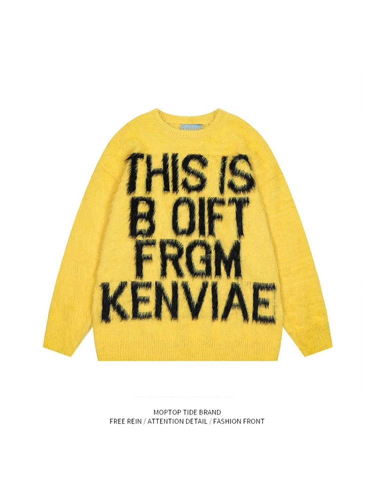 

Повседневный желтый вязаный свитер оверсайз для мужчин, осенне-зимний, модный, в университетском стиле, удобный, с длинными рукавами