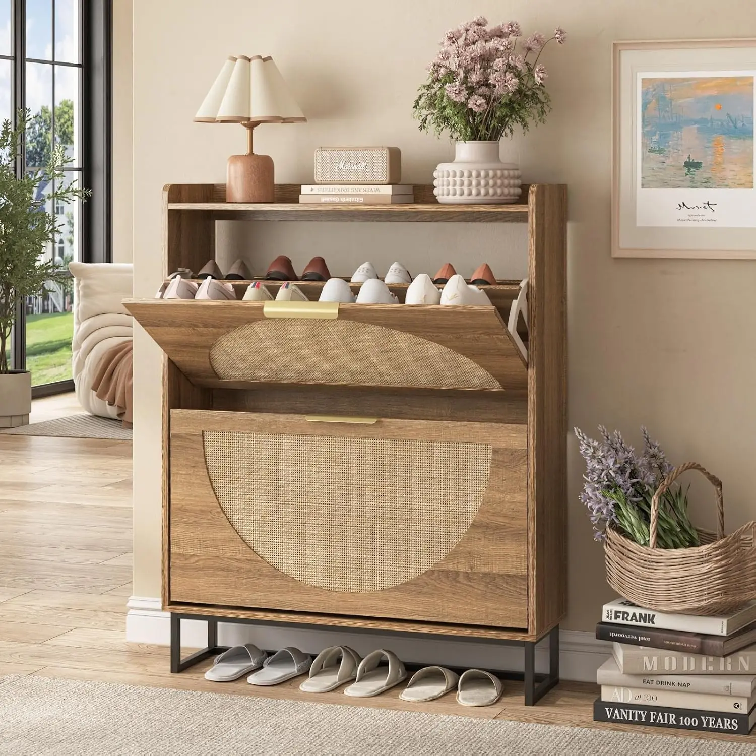 Rattan Shoe Storage Cabinet With Flip Drawers & Metal Legs, Hidden Handles Narrow Organizer For Entryway, Rustic Oak, Customized