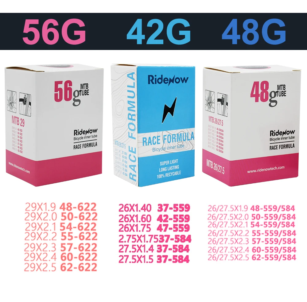 Ridenow Tpu Inner Tubes Bike Accessories MTB 29β Patch kit Ride Now 26/27.5Γ1.9-2.5 Bicycle parts Ultraleve Tubo Interno 48g 56g