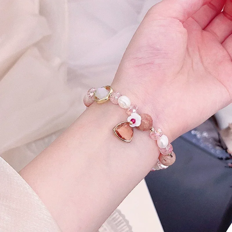 Raw ore jade pink crystal bracelet Aquamarine freshwater pearl bangle string adjustable elastic bracelet women girl gift beads