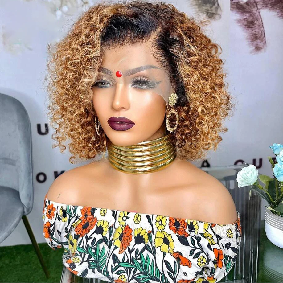 

Soft Ombre Blonde Brown 180% Density Glueless Short Cut Bob Kinky Curly Deep Lace Front Wig For Black Women BabyHair Prepluecked