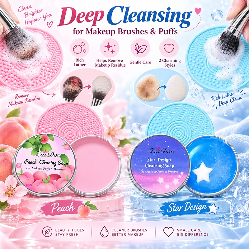 ZaiDoc Makeup Brush Cleaning Soap Blue Starry or Pink Peach Oolong with Cleaning Pad 2-in-1 Solid Brush Cleaner Mat for Beauty Blender Sponge Makeup Gentle Deep Cleaning Tool