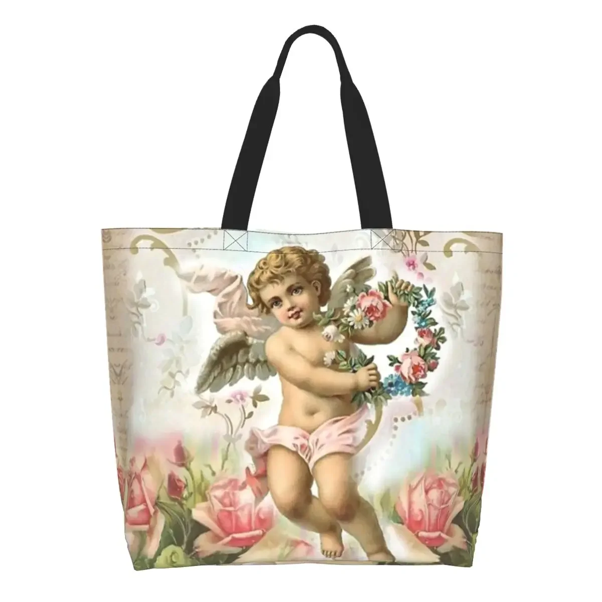 Custom Vintage Rose Victorian Angel Shopping Canvas Bags Women Durable Large Capacity Grocery Shopper Tote Bags