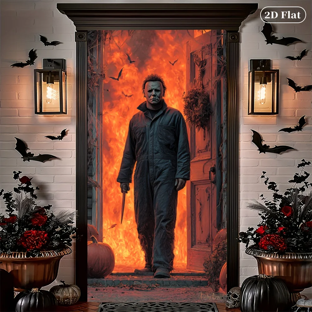 1pc Horror Halloween Door Curtain Indoor/Outdoor Decoration, Designed as Michael Miles Mask, No Electricity Required