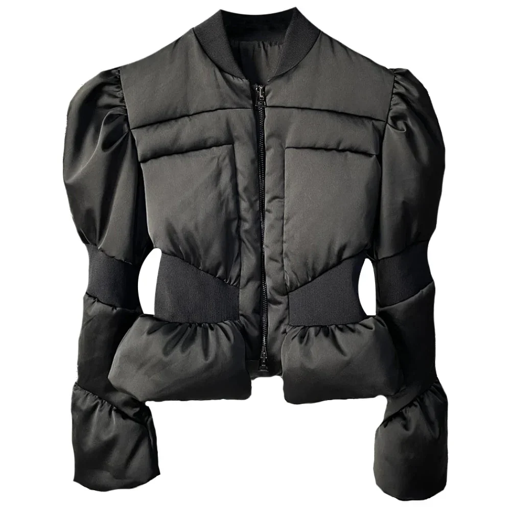 Manteau court noir à manches bouffantes pour femme, taille couvertes, rembourré en coton, taille haute, veste en coton épaissi, hiver, nouveau