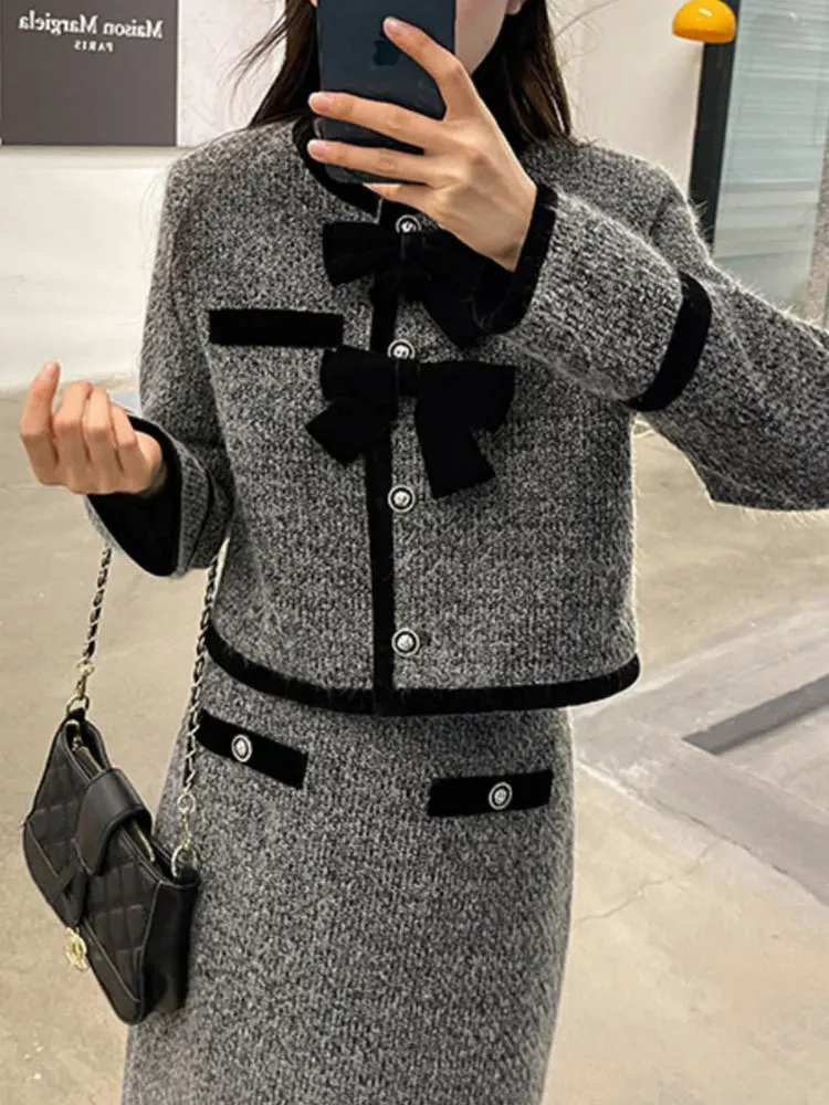 Fashion Commuter Grey Stitching Suit donna 2023 autunno inverno Bow monopetto cappotto a maniche lunghe + gonna lunga all\'anca Set a due pezzi