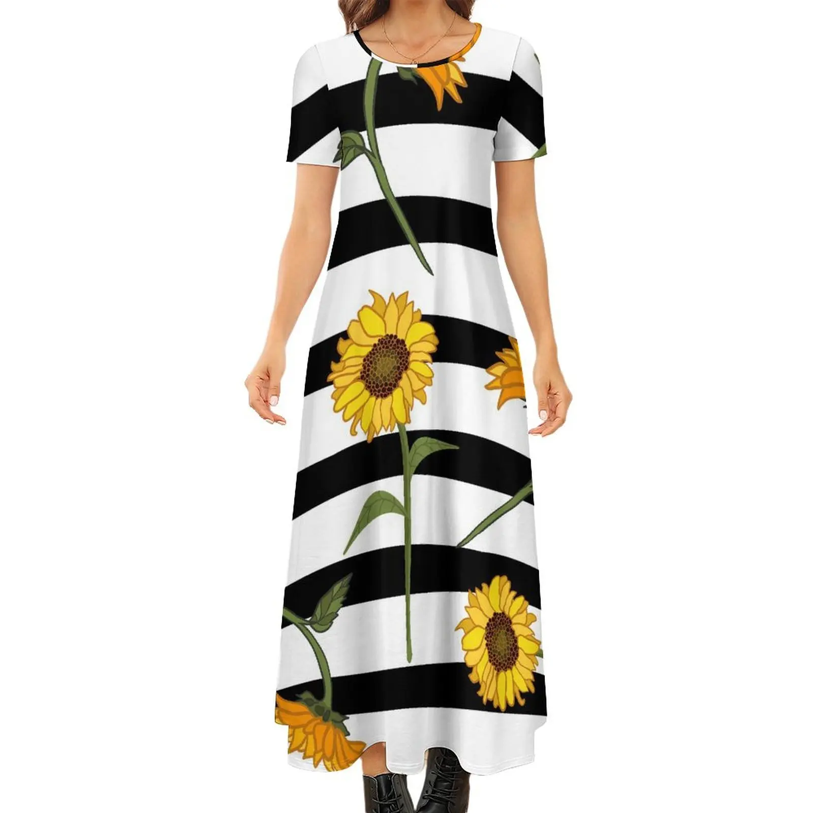 

Abstract Sunflower Dress Striped Print Maxi Dress Short Sleeve Aesthetic Bohemia Long Dresses Womens Print Oversized Vestido