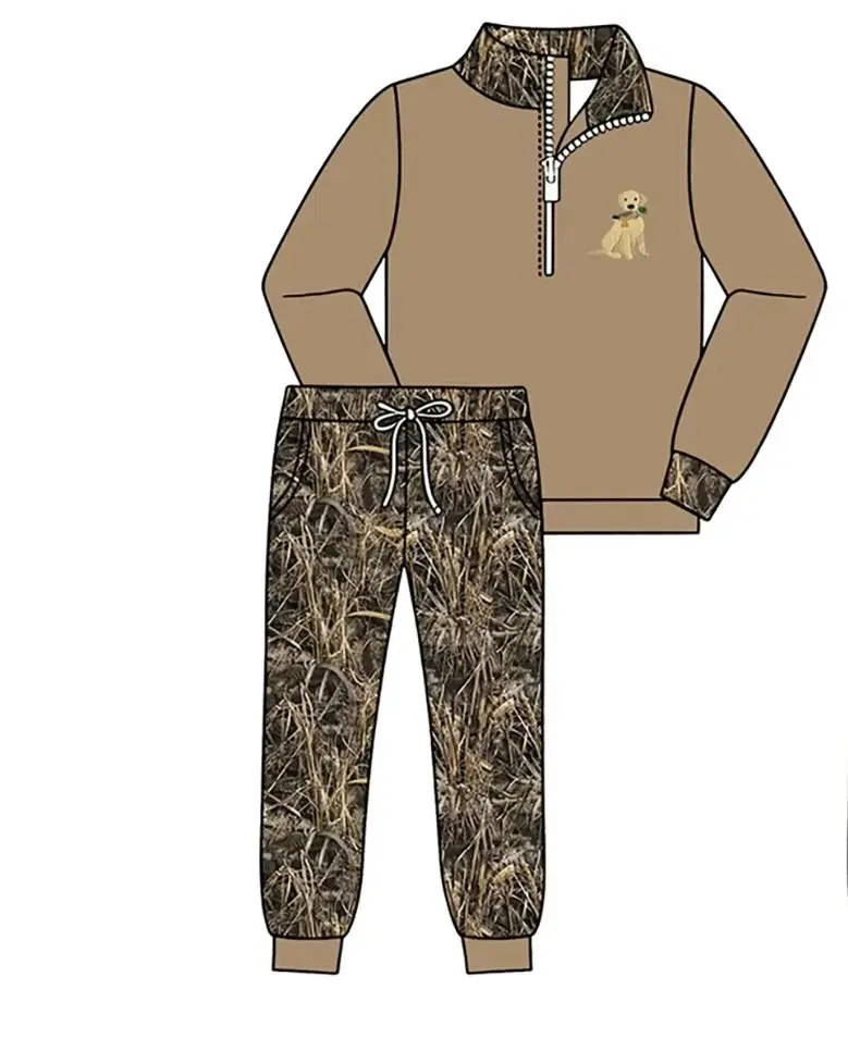 Kids Western Hunting Outfit Camo Trim Quarter Zip Sweatshirt Camo Jogger Pants Set Boys Girls Duck Deer Dog Fall Casual Clothes