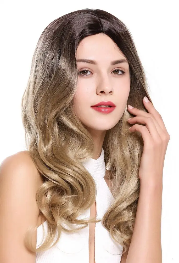 Perruque longue ondulée pour femme, partie médiane ombrée, mélange brun foncé, blond