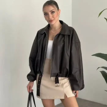 Fashion Leather Jacket Women's Vintage Faux Leather Bomber Jacket Solid Zipper Lapel Long Sleeves Autumn High Street Coat 8