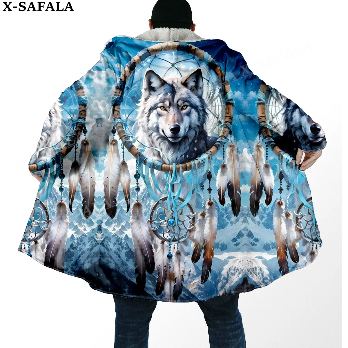 Elegant  Native Wolf Spirit Totem Arts Thick Warm Hooded Cloak Men Overcoat Coat Windproof Fleece Cape Robe Hooded Blanket-2