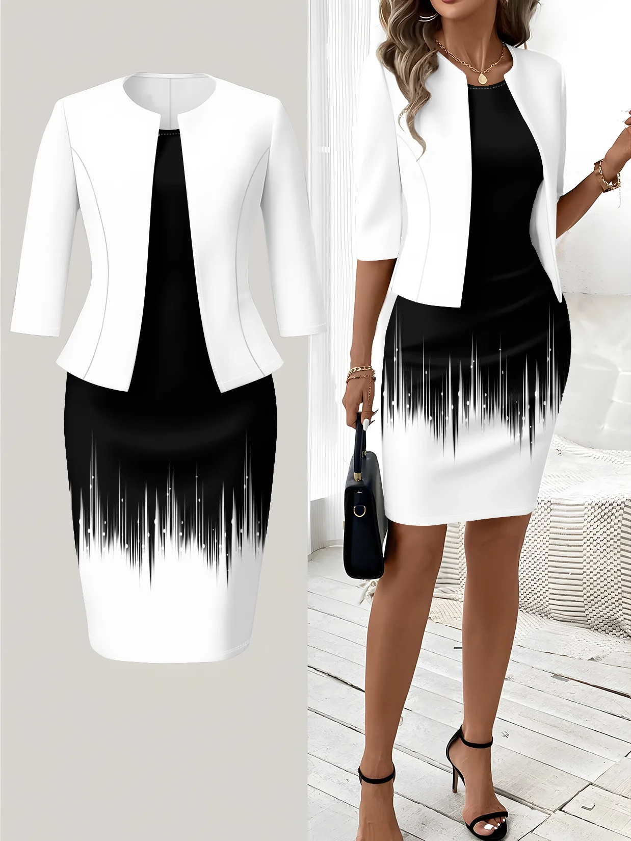 Printed Design Autumn And Winter Styles Black And White Gradient Pattern crew neck Dress suit