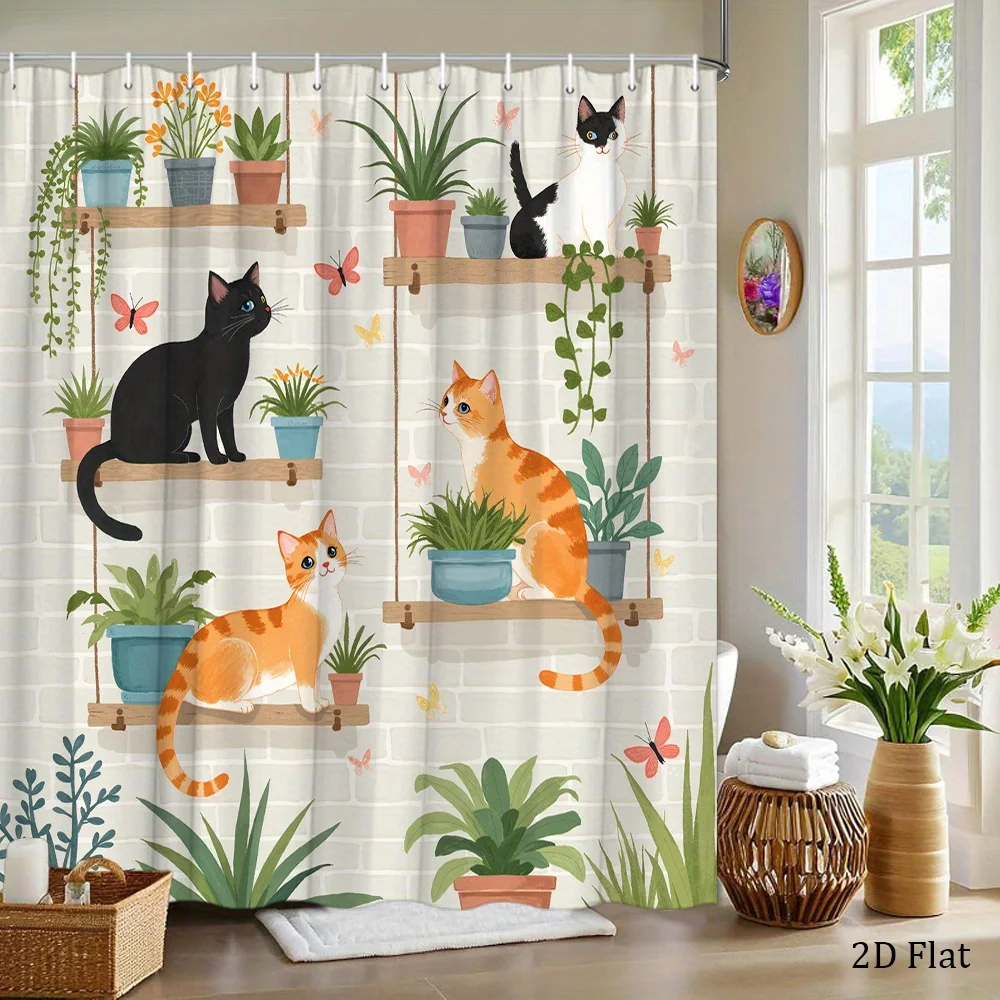One Whimsical Shower Curtain Featuring a Cat And Plants, Set Against a Light Gray Brick Backdrop in a Watercolor Design. Perfect