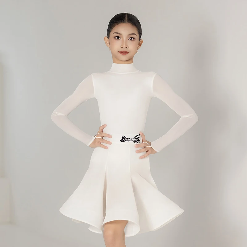 

Latin Dance Clothes White Girls Kids Long Sleeves Cha Cha Rumba Samba Dance Practice Competition Dress Velvet Dance Dress